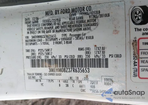 2007 Mercury Milan I4 Premier из США, поврежденный, VIN 3MEHM08Z37R635653